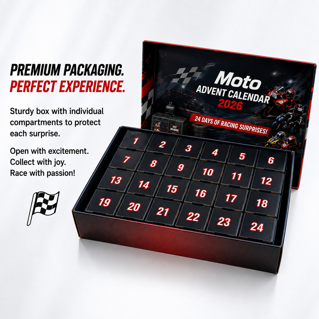 Motorcycle racing advent calendar with 24 numbered compartments