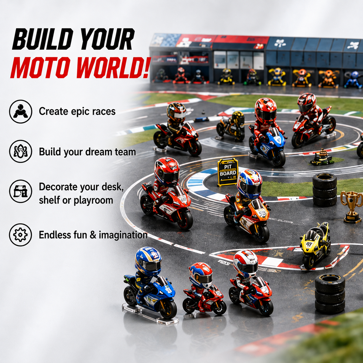Motorcycle racing advent calendar pieces arranged on a miniature circuit