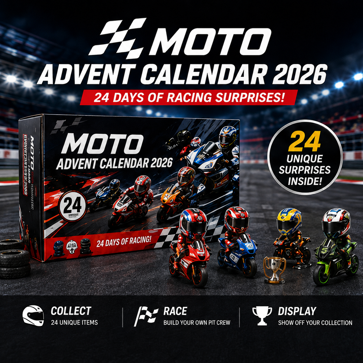 2026 MOTO Racing Advent Calendar with motorcycle racing collectibles